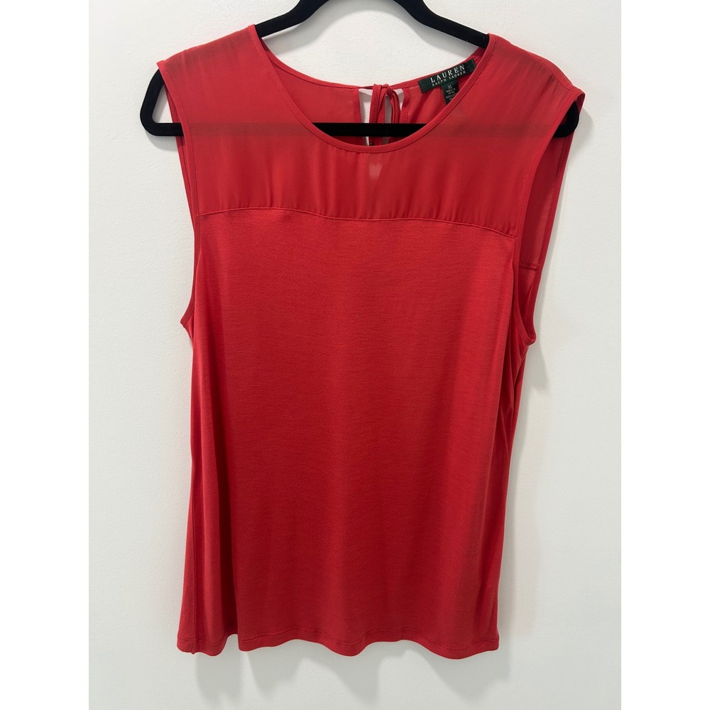 Lauren Ralph Lauren Red Sleeveless Chiffon Yoke Keyhole Tie Knit Top XL